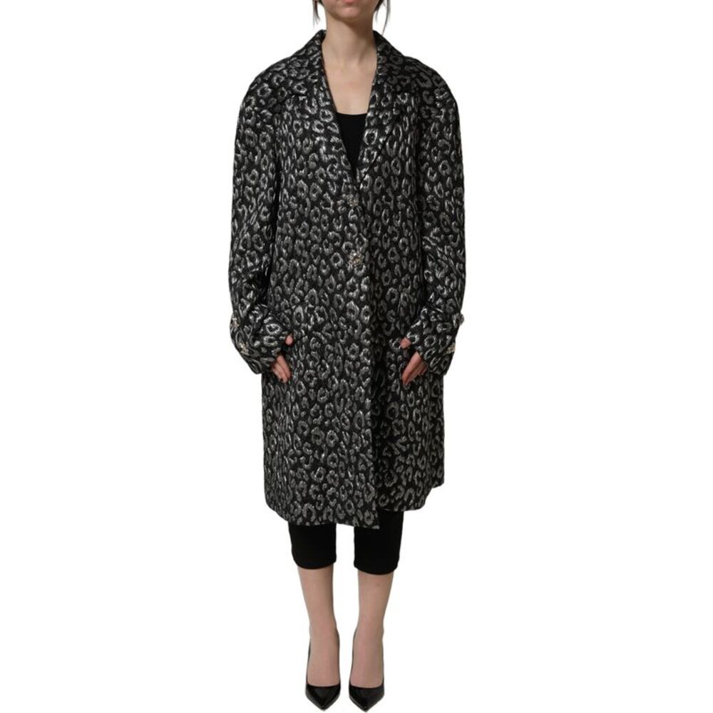 Dolce & Gabbana Black Silver Jacquard Leopard Coat Women's Jacket